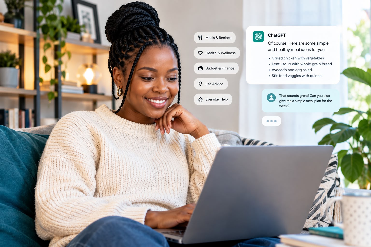 Everyday AI uses shown around an adult using a laptop